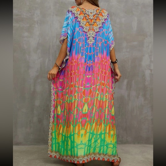 Boho Tie Dye Print Batwing Sleeve Slit Hem Maxi Dress - Picture 2 of 9